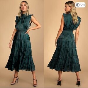 Lulus Take a Glance Emerald Green Satin Tiered Mock Neck Midi Dress